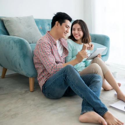 couple doing online therapy together at home in California
